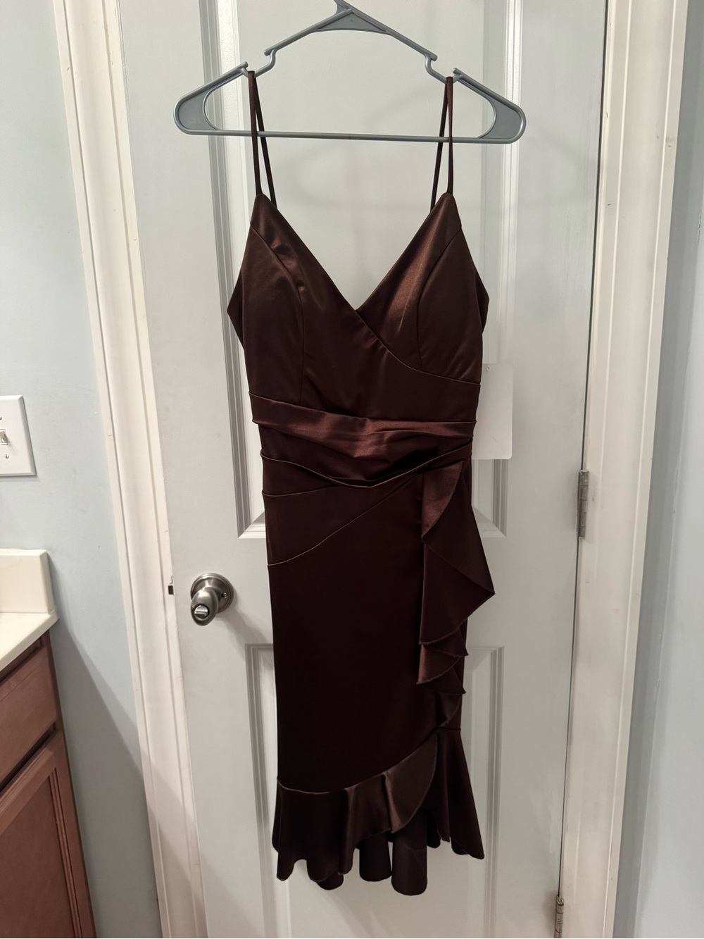 Honey and Rosie Chocolate Brown Satin Midi Dress with Ruffle Draping